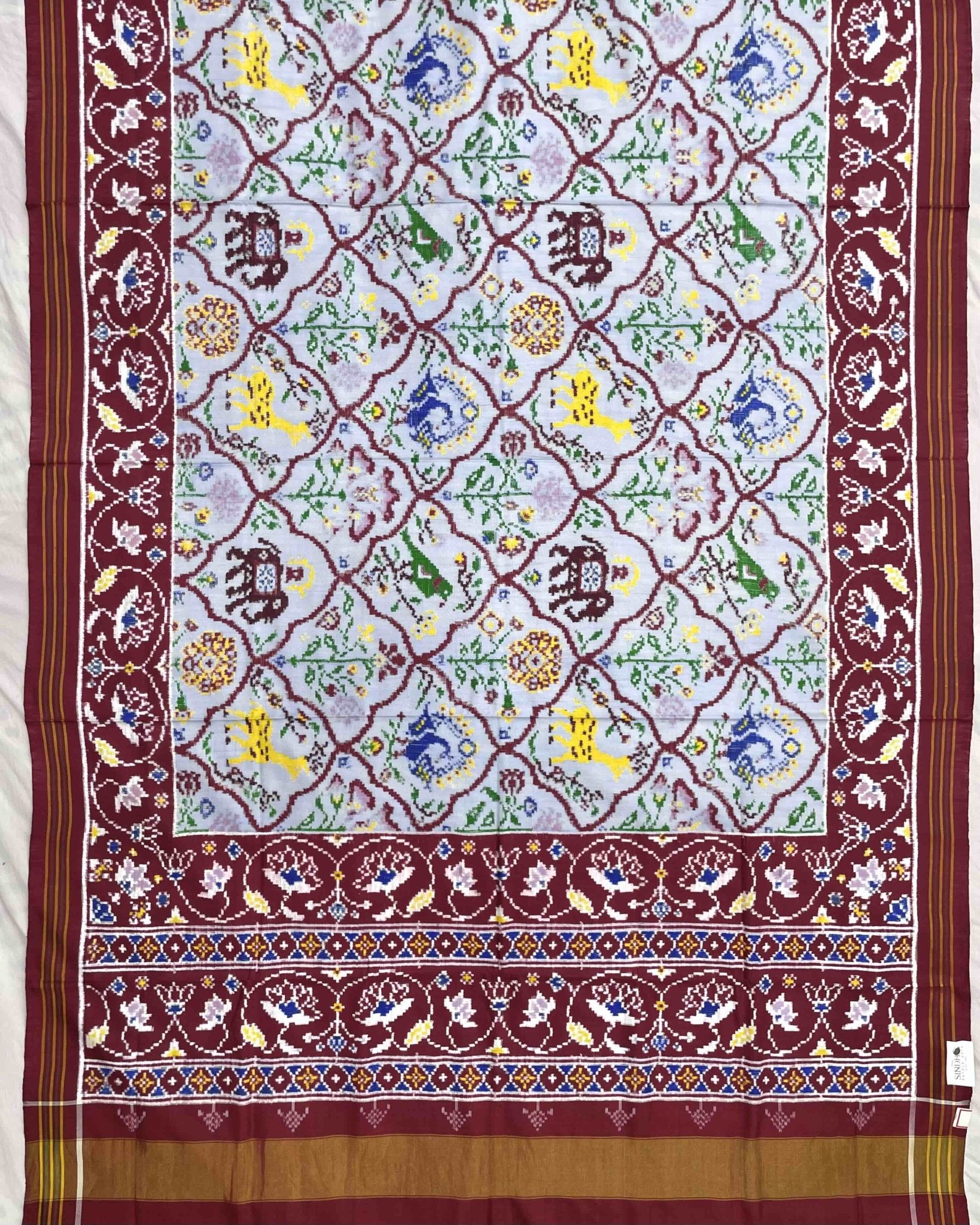 Maroon & Sky Blue Narikunj Design Double Ikat Patola Saree - SindhoiPatolaArt