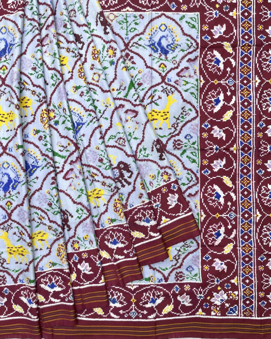 Maroon & Sky Blue Narikunj Design Double Ikat Patola Saree - SindhoiPatolaArt
