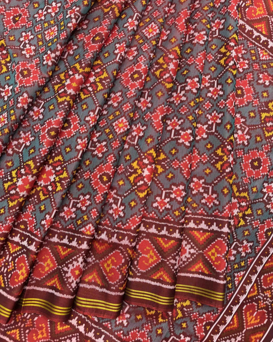 Maroon & Turquoise Navratan Semi Double Ikat Patola Saree - SindhoiPatolaArt