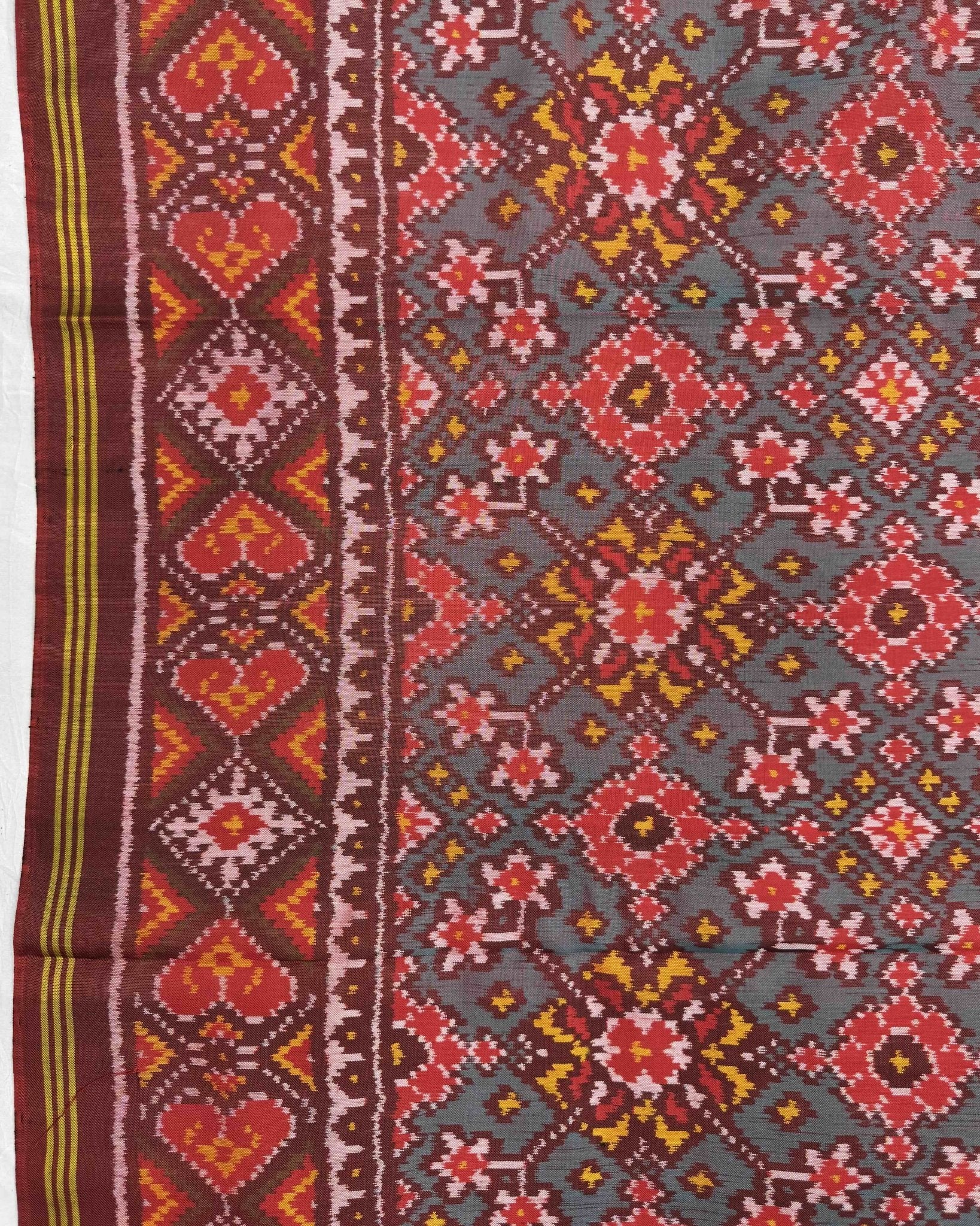 Maroon & Turquoise Navratan Semi Double Ikat Patola Saree - SindhoiPatolaArt