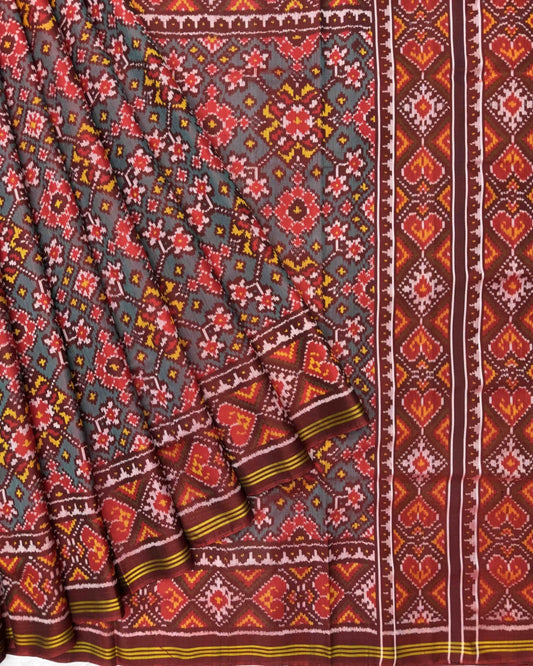 Maroon & Turquoise Navratan Semi Double Ikat Patola Saree - SindhoiPatolaArt