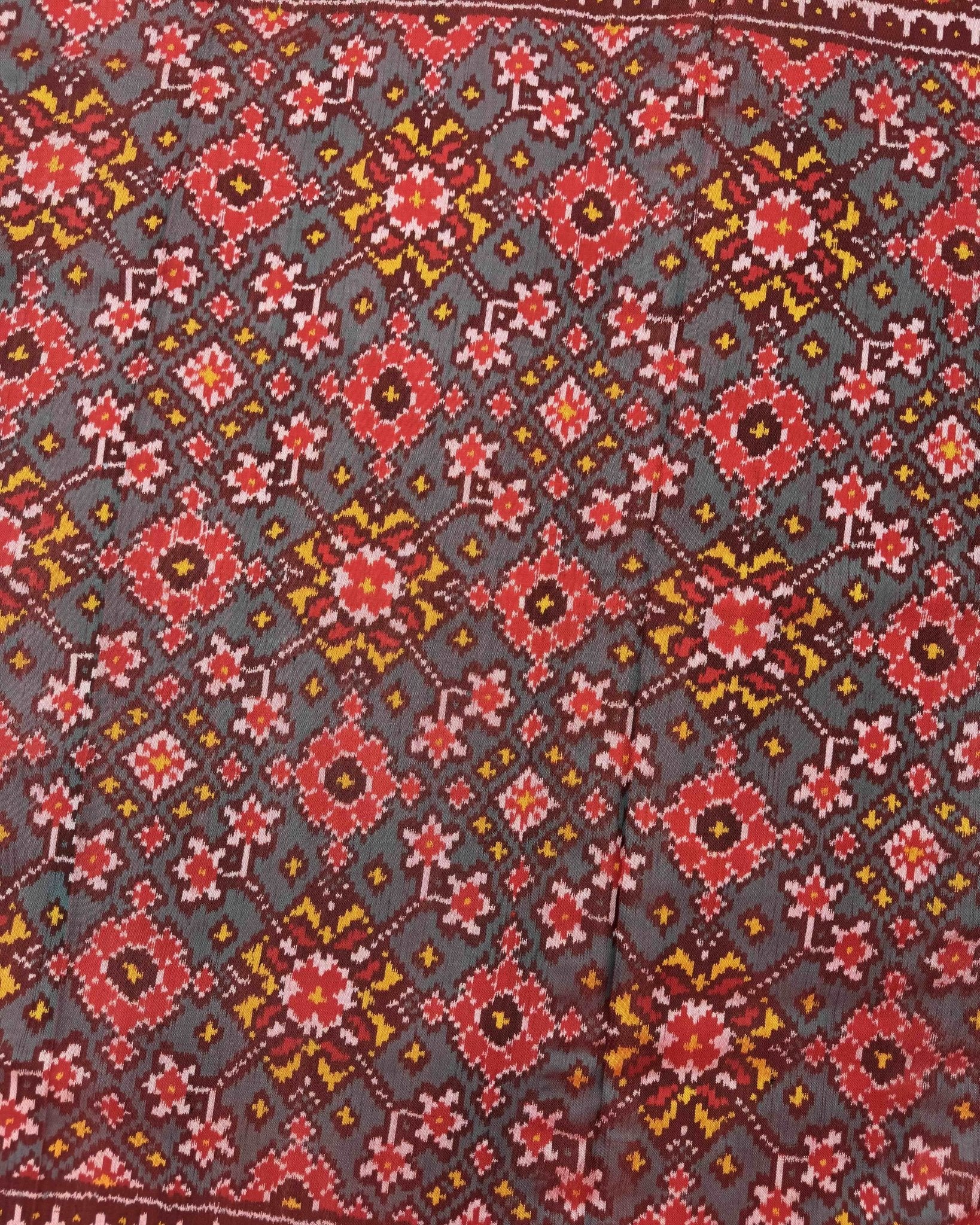 Maroon & Turquoise Navratan Semi Double Ikat Patola Saree - SindhoiPatolaArt