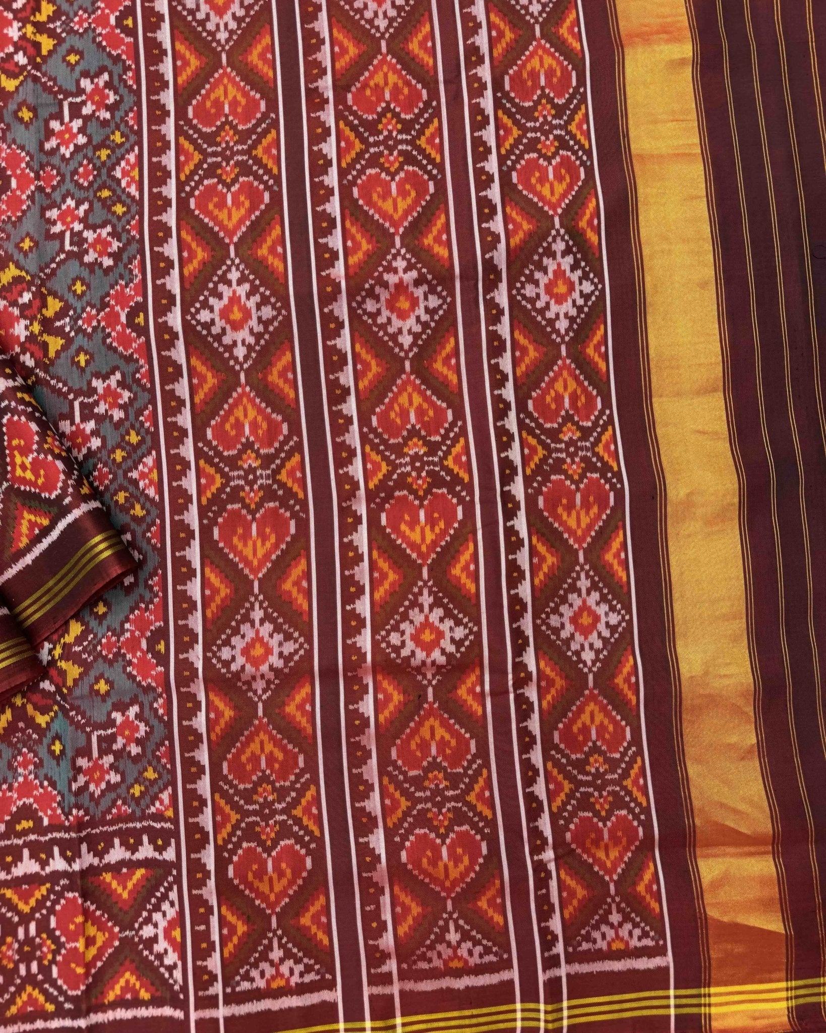 Maroon & Turquoise Navratan Semi Double Ikat Patola Saree - SindhoiPatolaArt