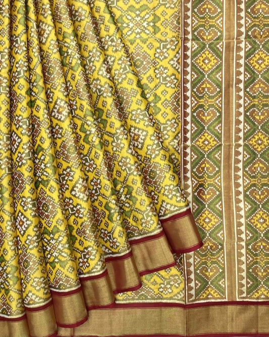 Maroon & Yellow Navratan Tissue Patola Saree - SindhoiPatolaArt