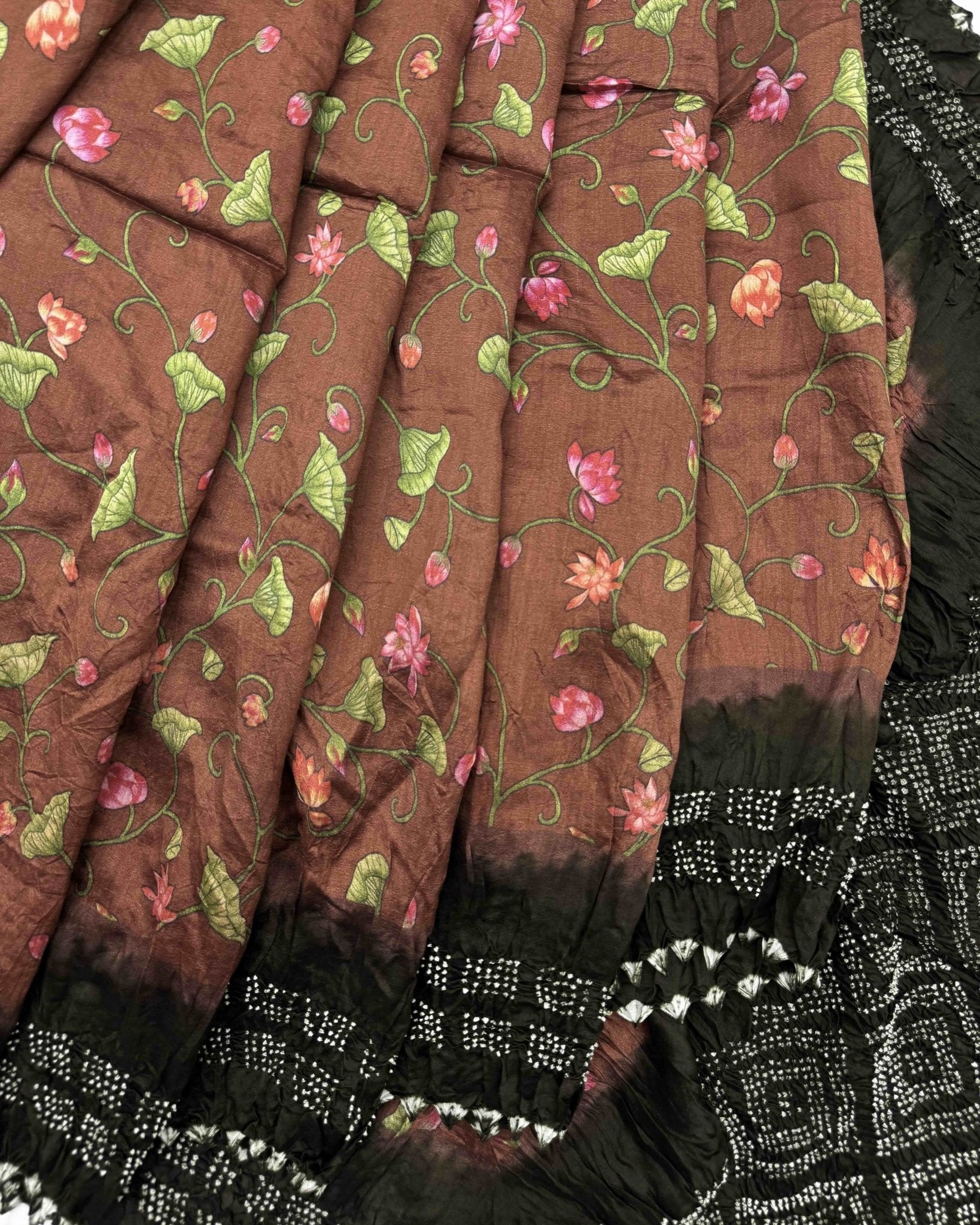 Mehendi Green & Brown Pichhwai Bandhani Saree - SindhoiPatolaArt