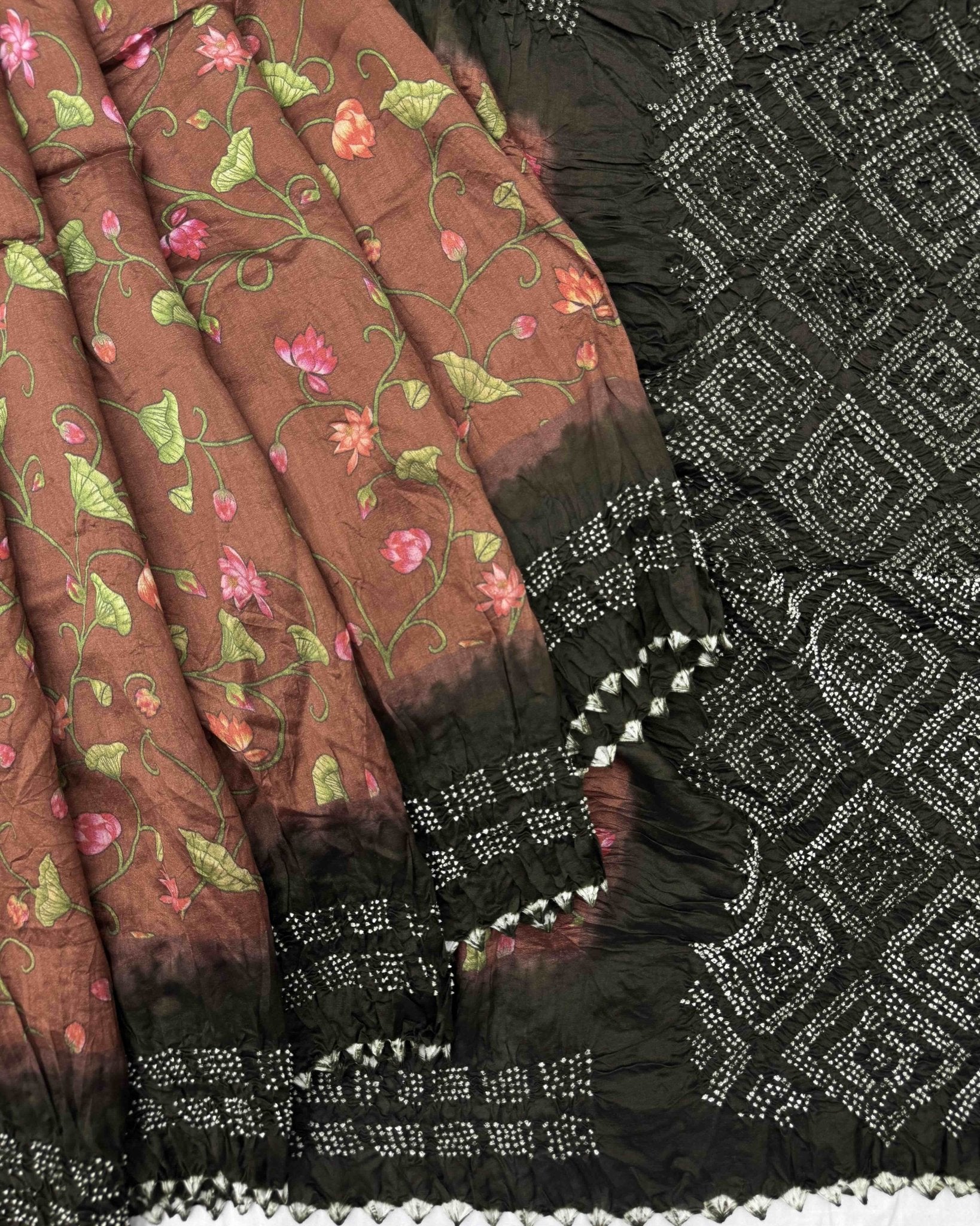 Mehendi Green & Brown Pichhwai Bandhani Saree - SindhoiPatolaArt