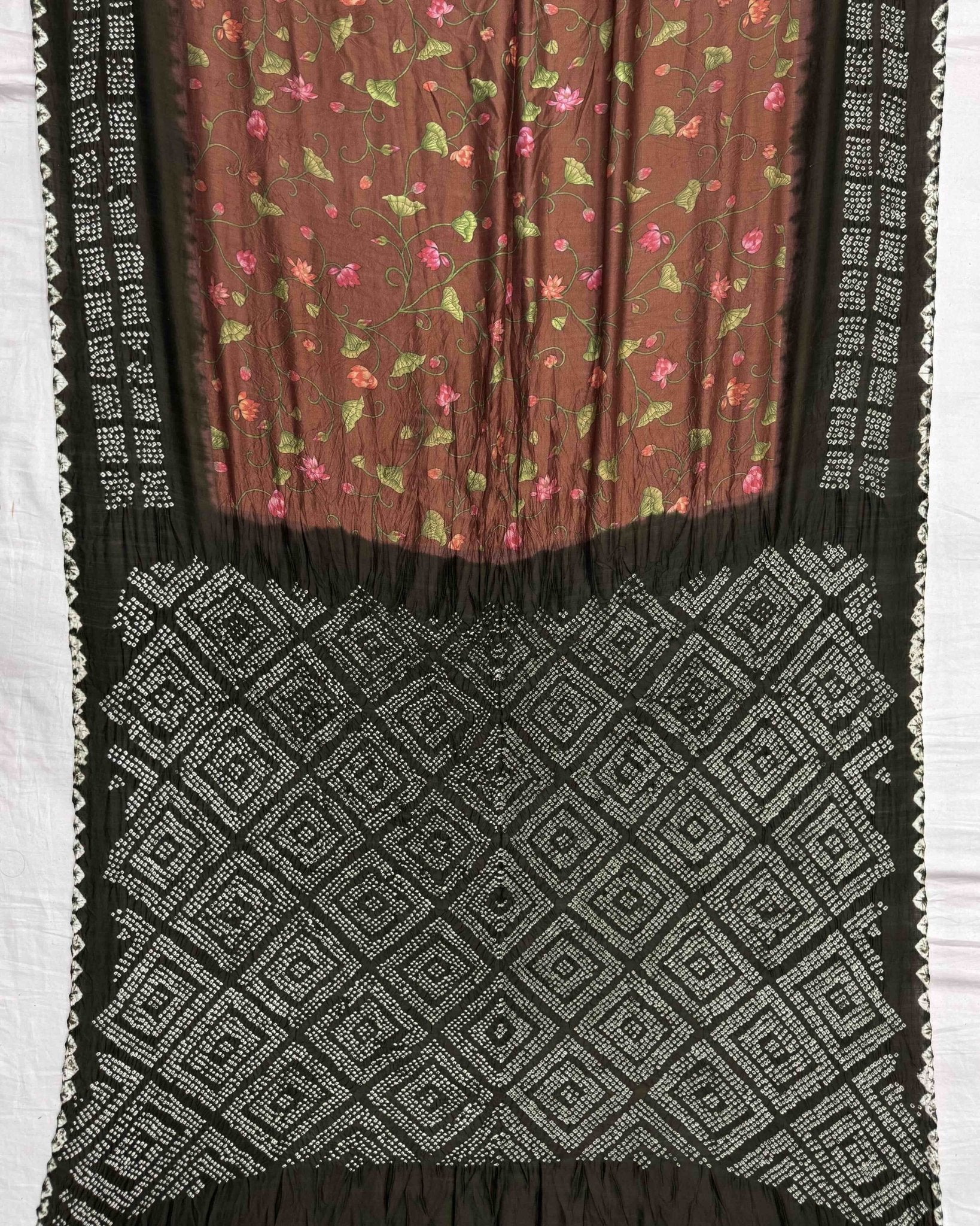 Mehendi Green & Brown Pichhwai Bandhani Saree - SindhoiPatolaArt