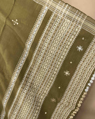 Mehendi Green Chomukh Mirror Kutchi Woolen Shawl - SindhoiPatolaArt