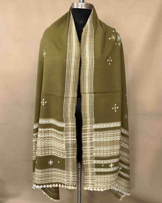 Mehendi Green Chomukh Mirror Kutchi Woolen Shawl - SindhoiPatolaArt