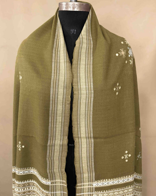 Mehendi Green Chomukh Mirror Kutchi Woolen Shawl - SindhoiPatolaArt