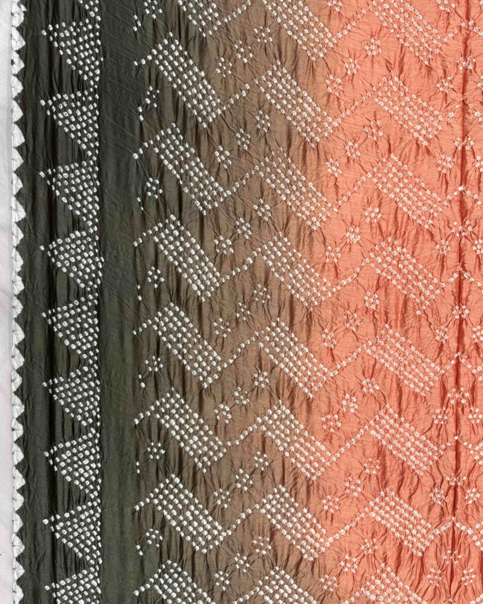 Mehendi Grey & Peach Chiniya Bandhani Saree - SindhoiPatolaArt