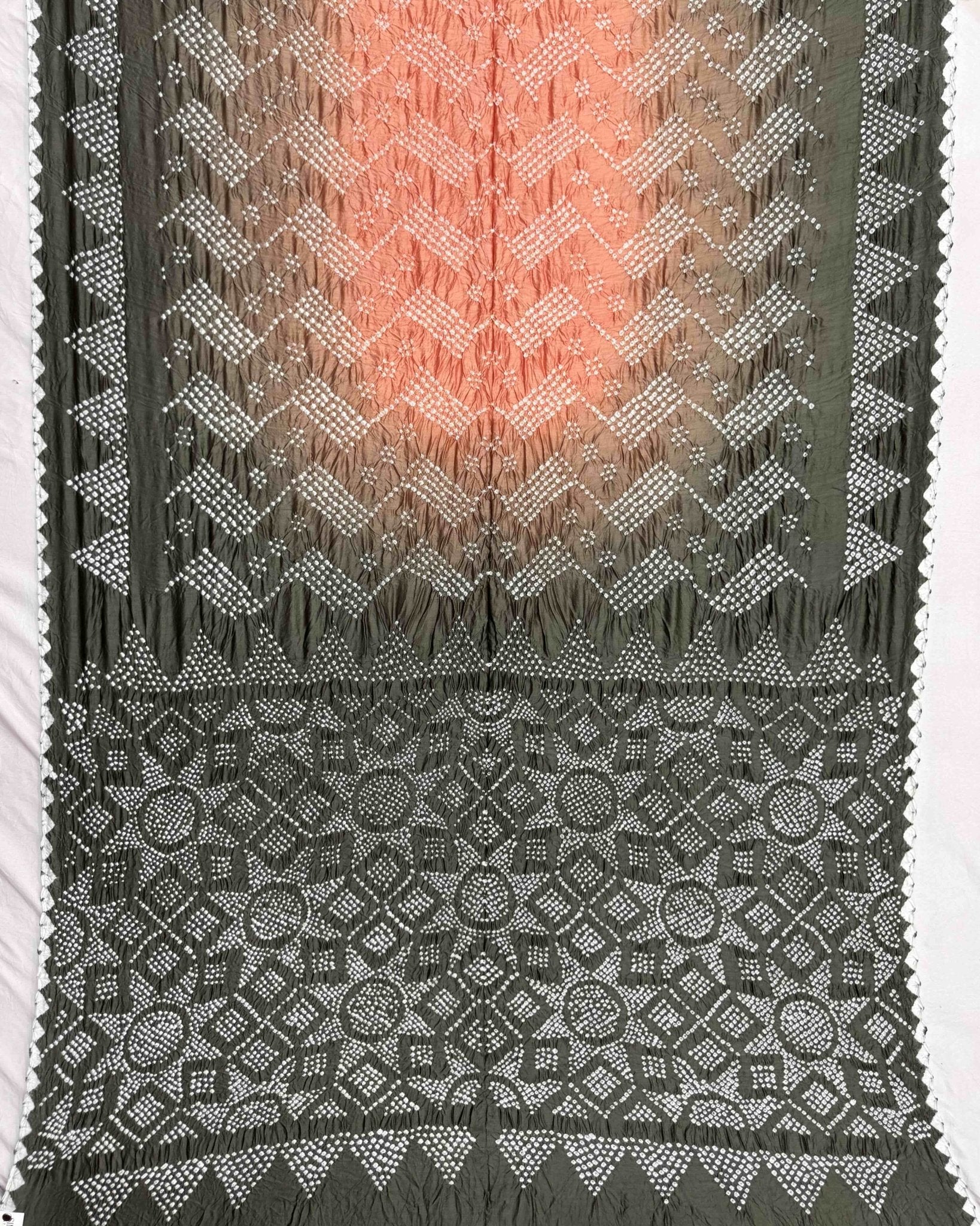 Mehendi Grey & Peach Chiniya Bandhani Saree - SindhoiPatolaArt
