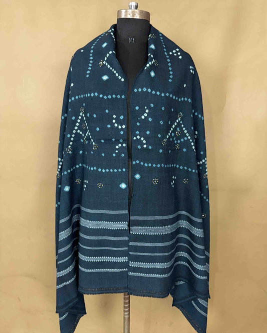 Mor Peach Blue Bandhej Mirror Kutch Woolen Shawl - SindhoiPatolaArt