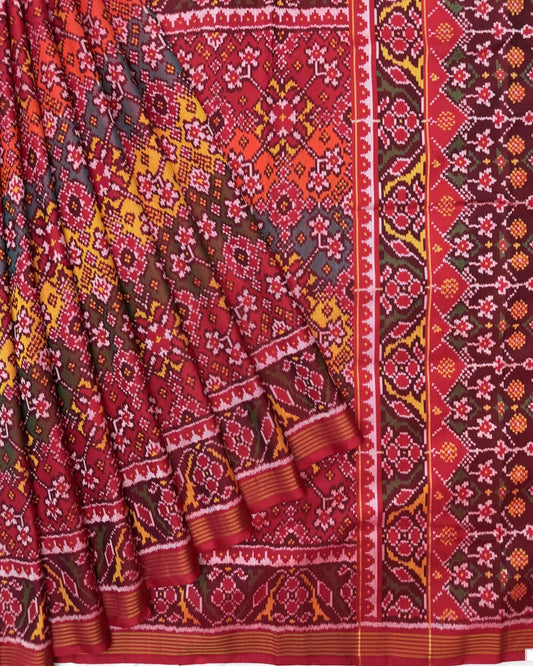 Multicolour Navratan Semi Double Ikat Patola Saree - SindhoiPatolaArt