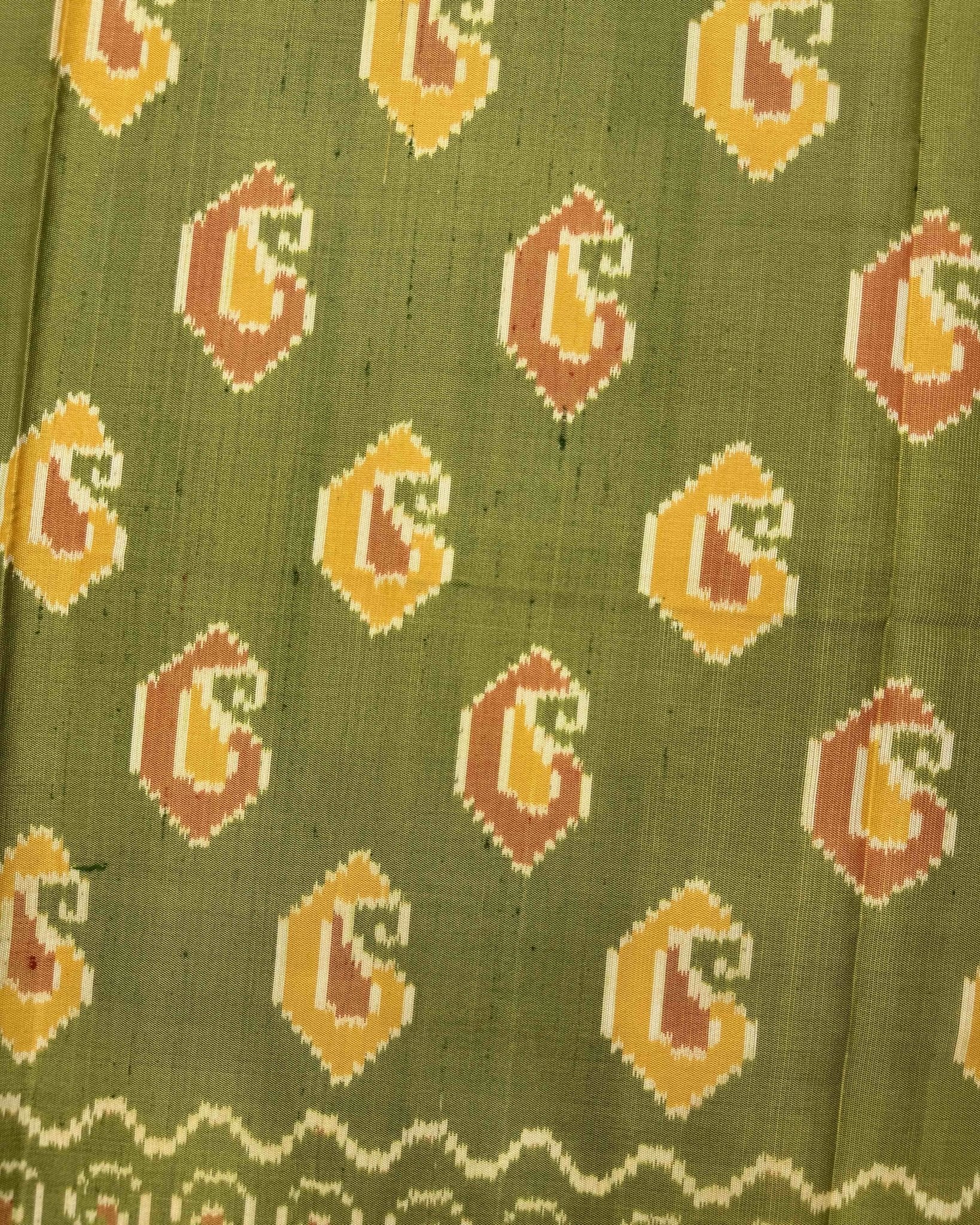 Mustard & Green Fancy Mango Semi Double Ikat Patola Saree - SindhoiPatolaArt
