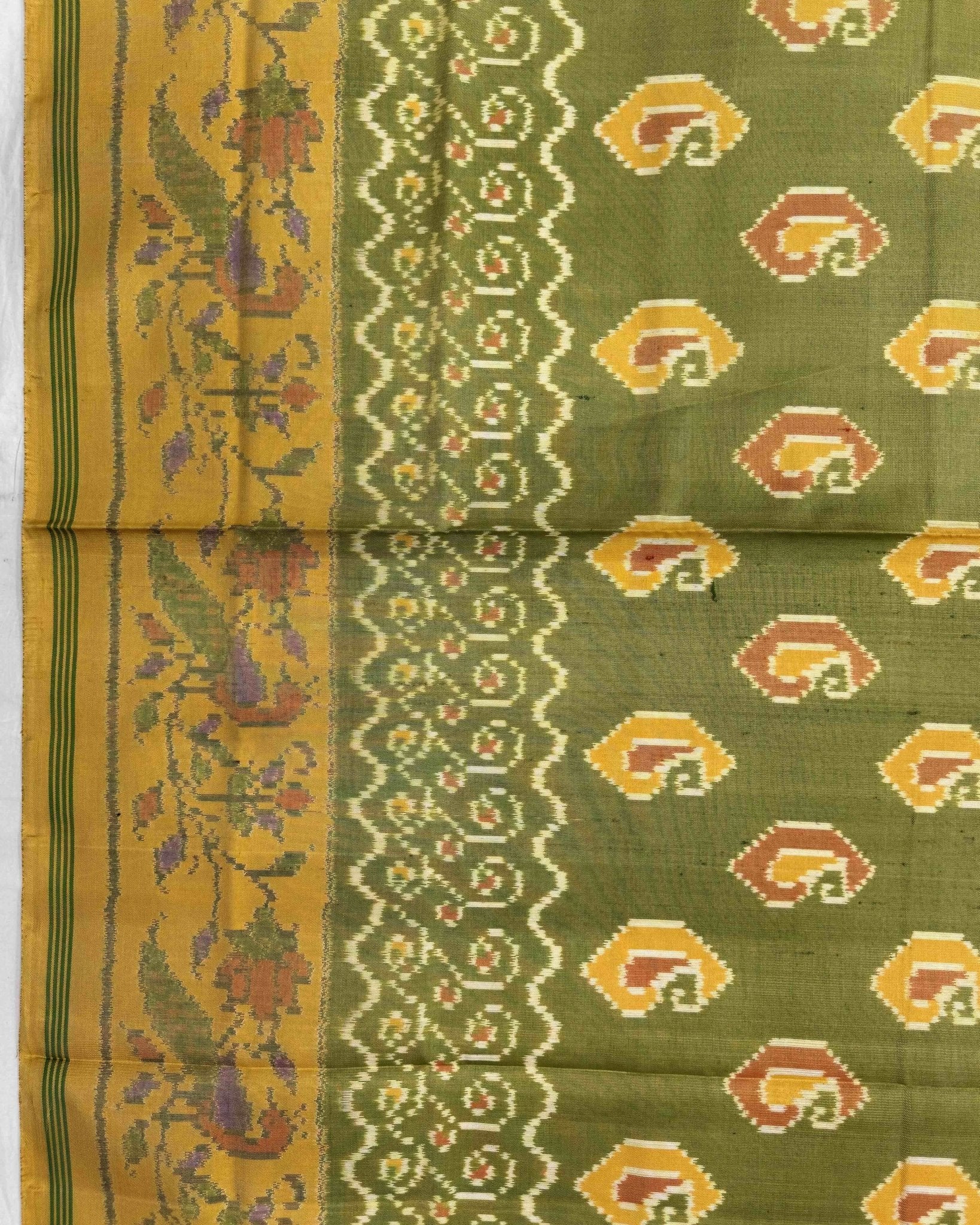 Mustard & Green Fancy Mango Semi Double Ikat Patola Saree - SindhoiPatolaArt