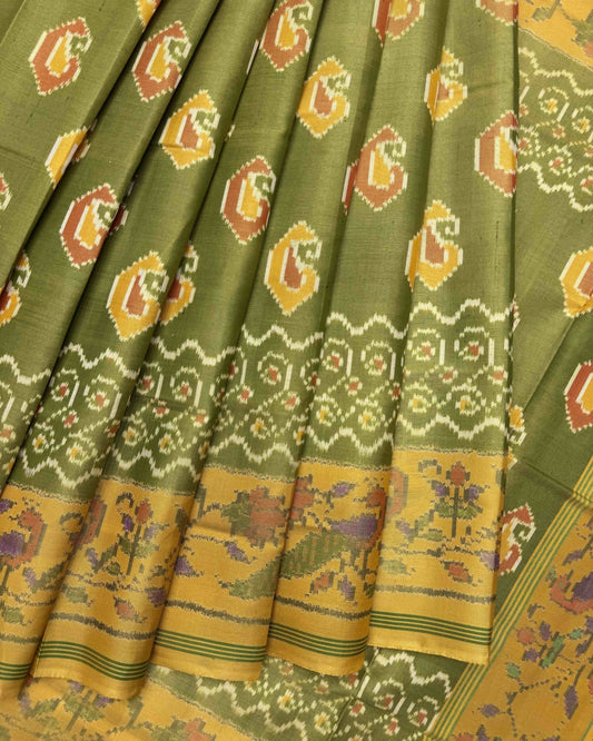 Mustard & Green Fancy Mango Semi Double Ikat Patola Saree - SindhoiPatolaArt