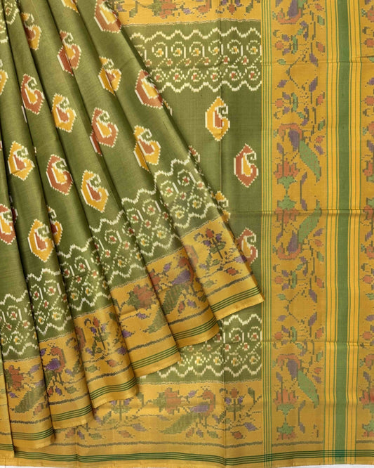 Mustard & Green Fancy Mango Semi Double Ikat Patola Saree - SindhoiPatolaArt