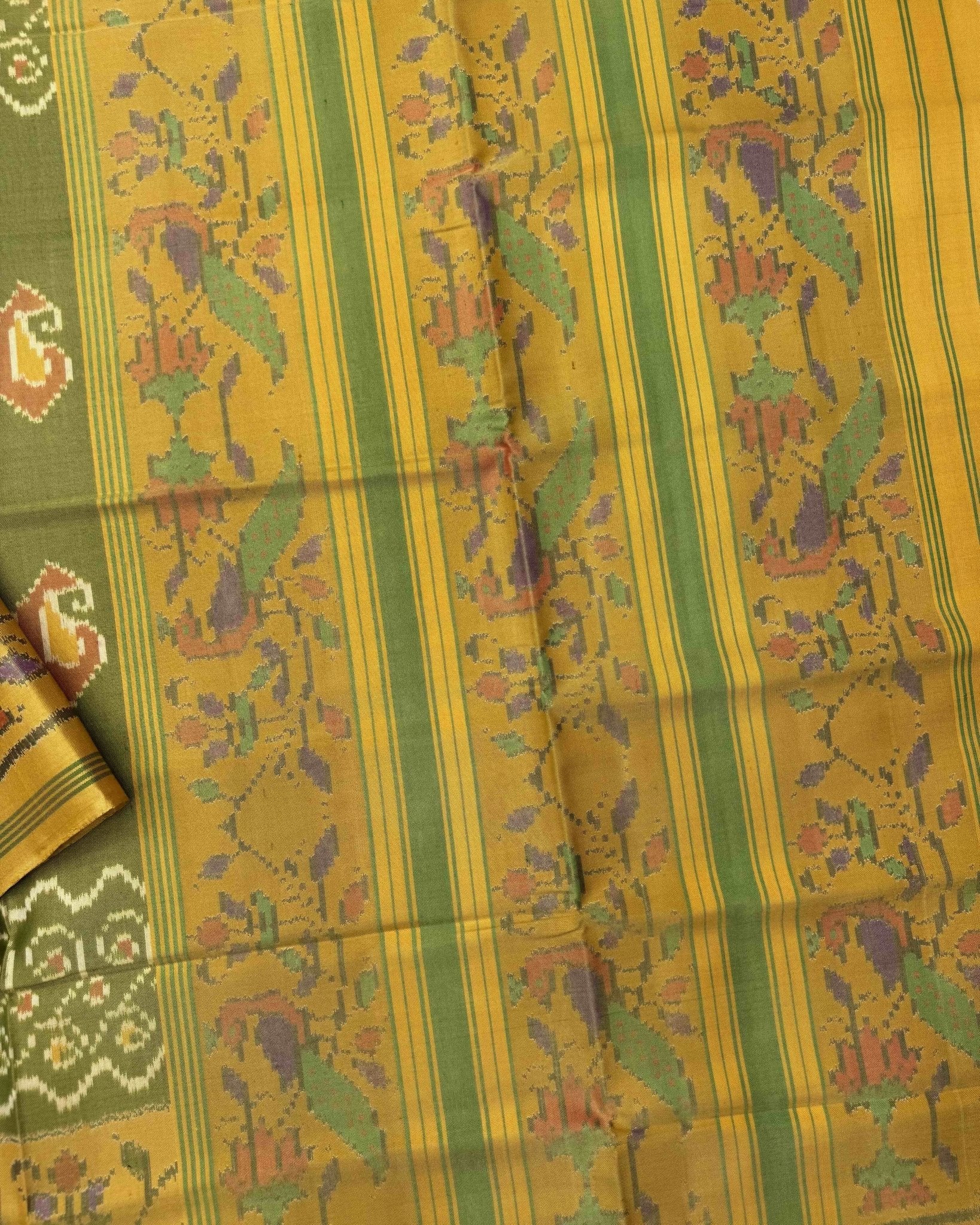 Mustard & Green Fancy Mango Semi Double Ikat Patola Saree - SindhoiPatolaArt