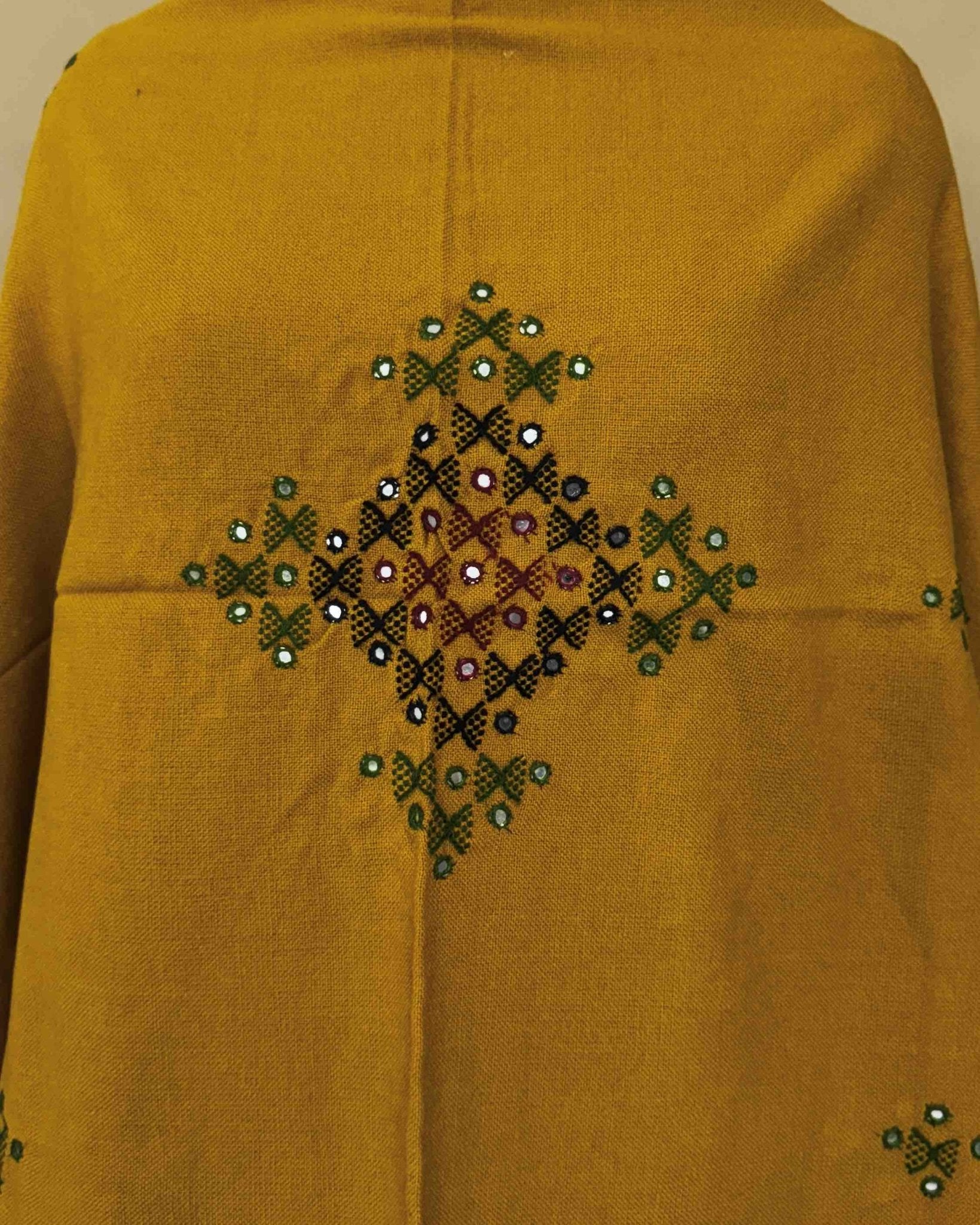 Mustard Yellow Butta Mirror & Corner Mirror Kutchi Woolen Shawl - SindhoiPatolaArt