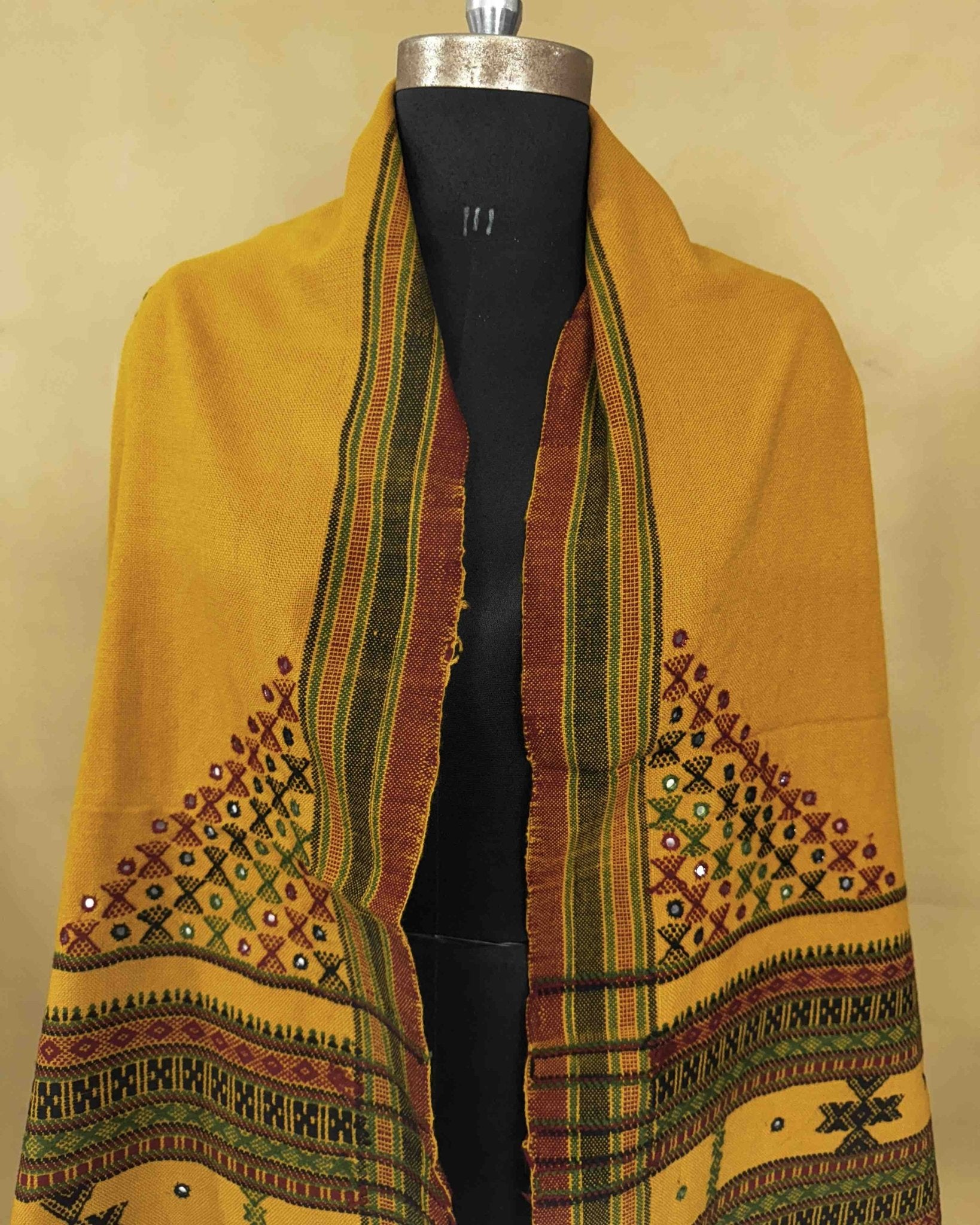 Mustard Yellow Butta Mirror & Corner Mirror Kutchi Woolen Shawl - SindhoiPatolaArt