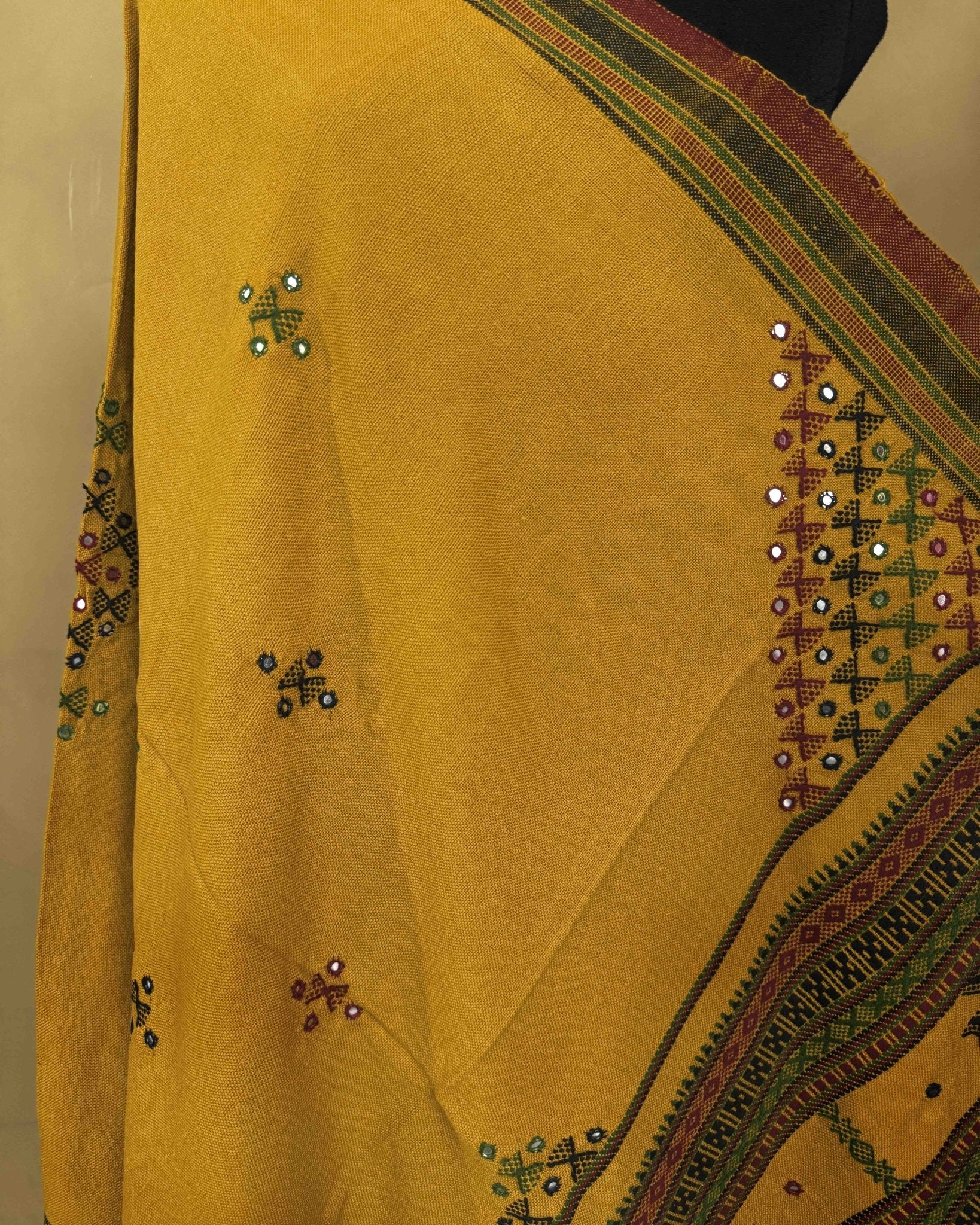 Mustard Yellow Butta Mirror & Corner Mirror Kutchi Woolen Shawl - SindhoiPatolaArt