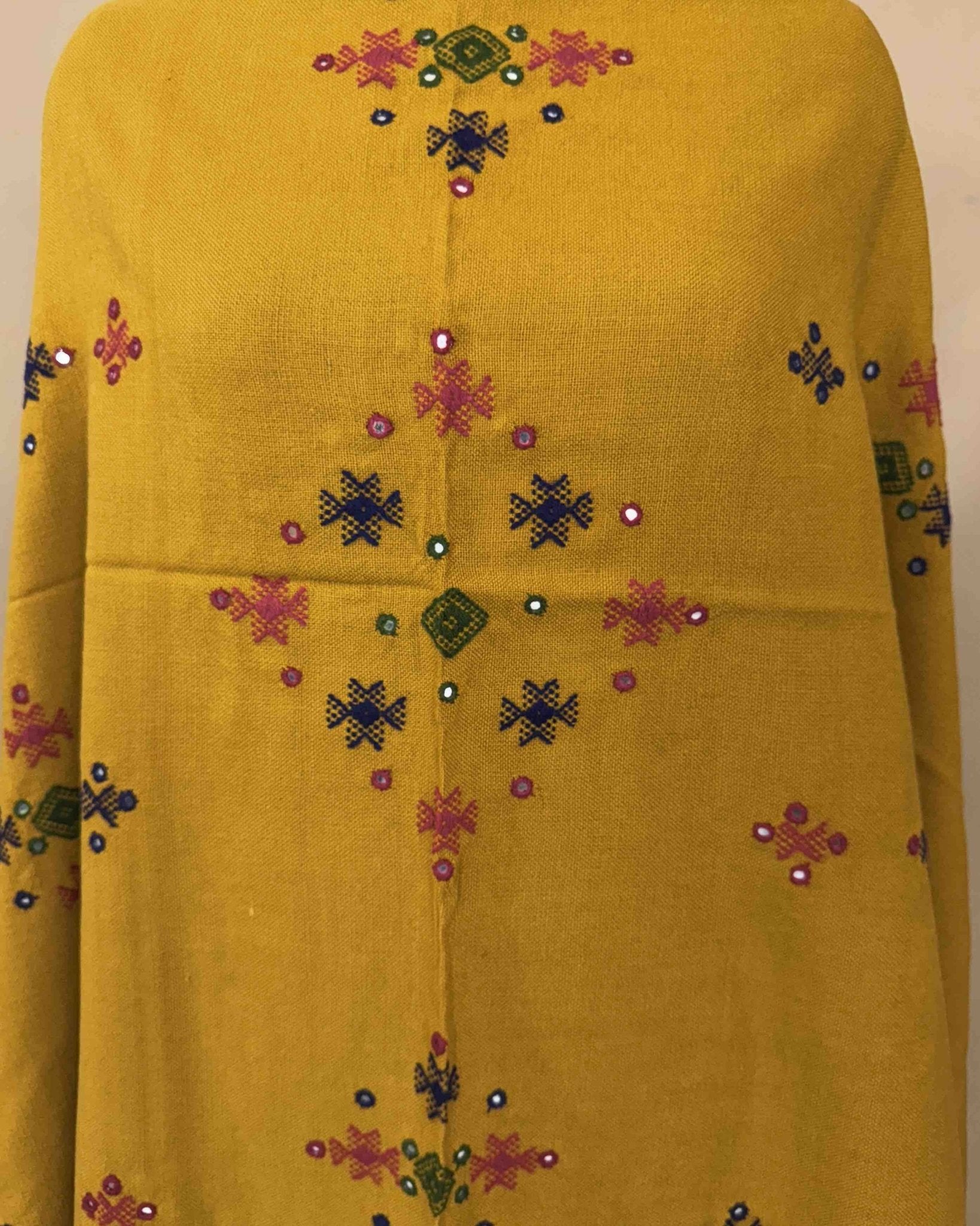 Mustard Yellow Chomukh Mirror Kutchi Woolen Shawl - SindhoiPatolaArt