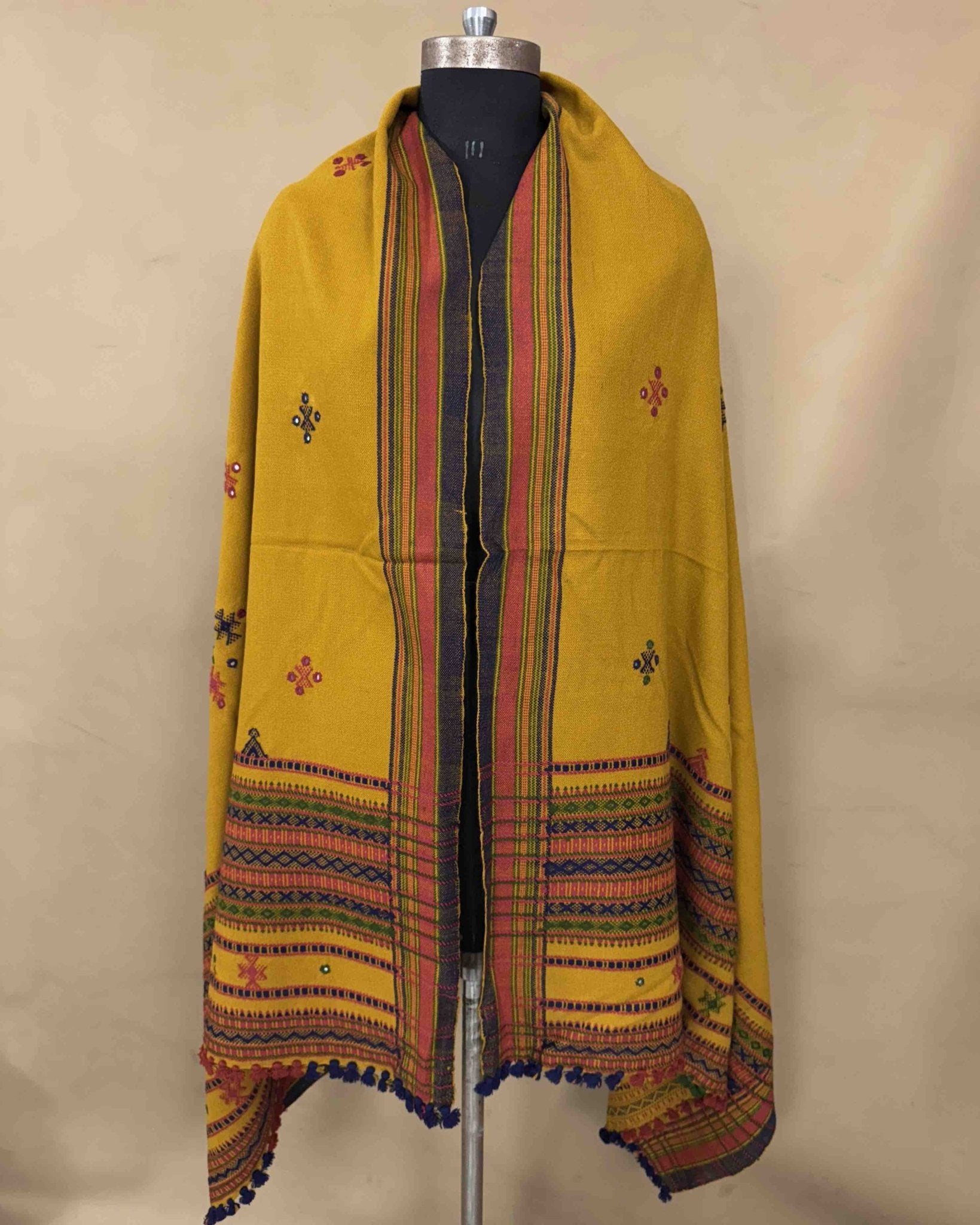 Mustard Yellow Chomukh Mirror Kutchi Woolen Shawl - SindhoiPatolaArt