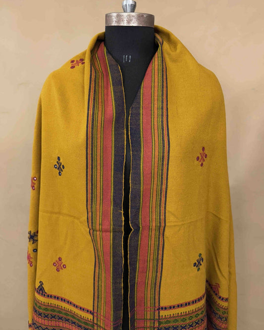 Mustard Yellow Chomukh Mirror Kutchi Woolen Shawl - SindhoiPatolaArt