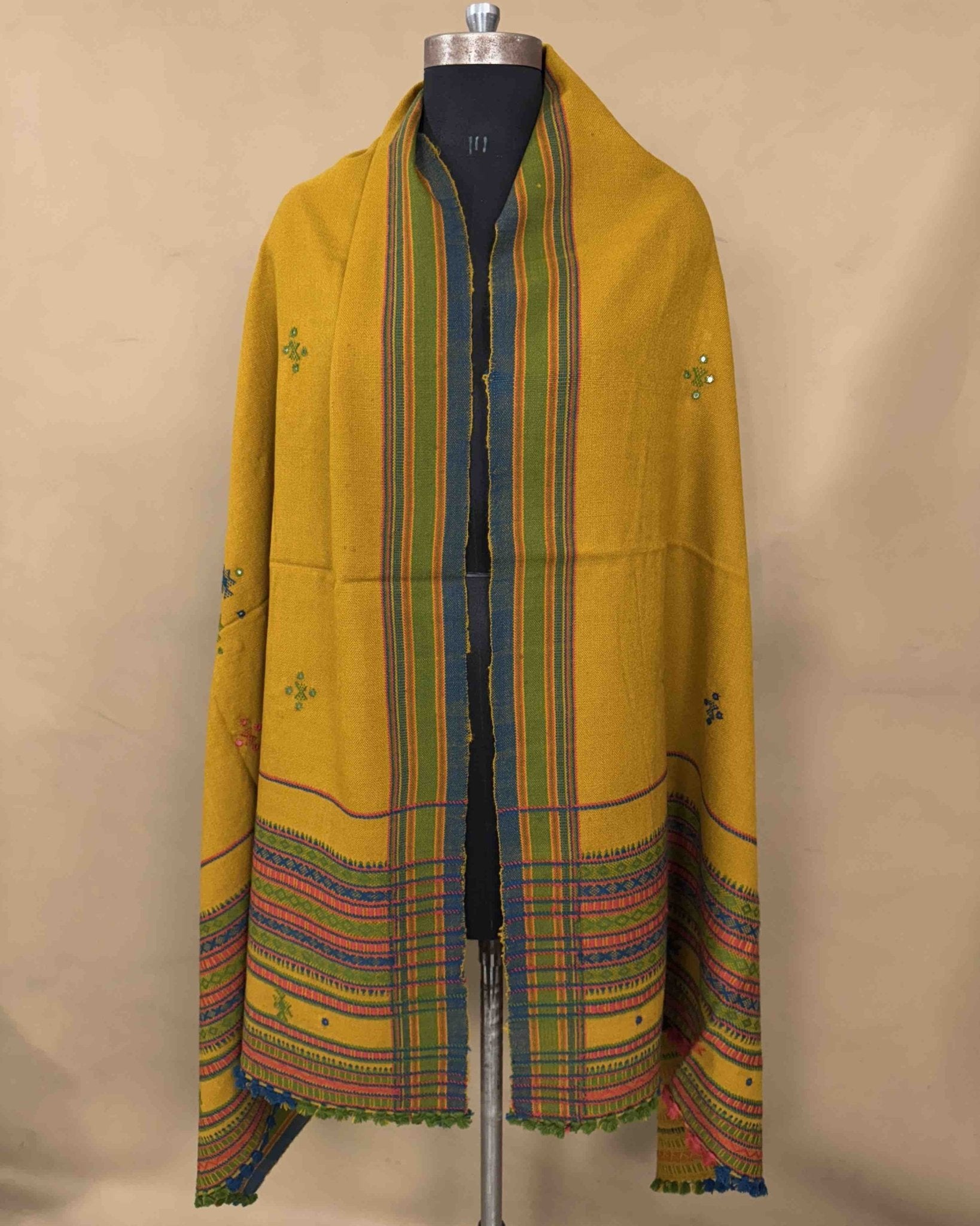Mustard Yellow Chomukh Mirror Kutchi Woolen Shawl - SindhoiPatolaArt