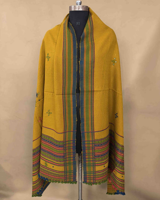 Mustard Yellow Chomukh Mirror Kutchi Woolen Shawl - SindhoiPatolaArt