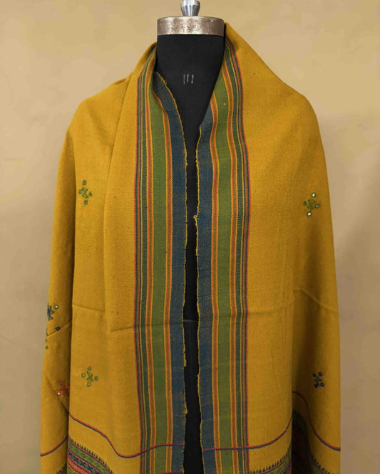 Mustard Yellow Chomukh Mirror Kutchi Woolen Shawl - SindhoiPatolaArt