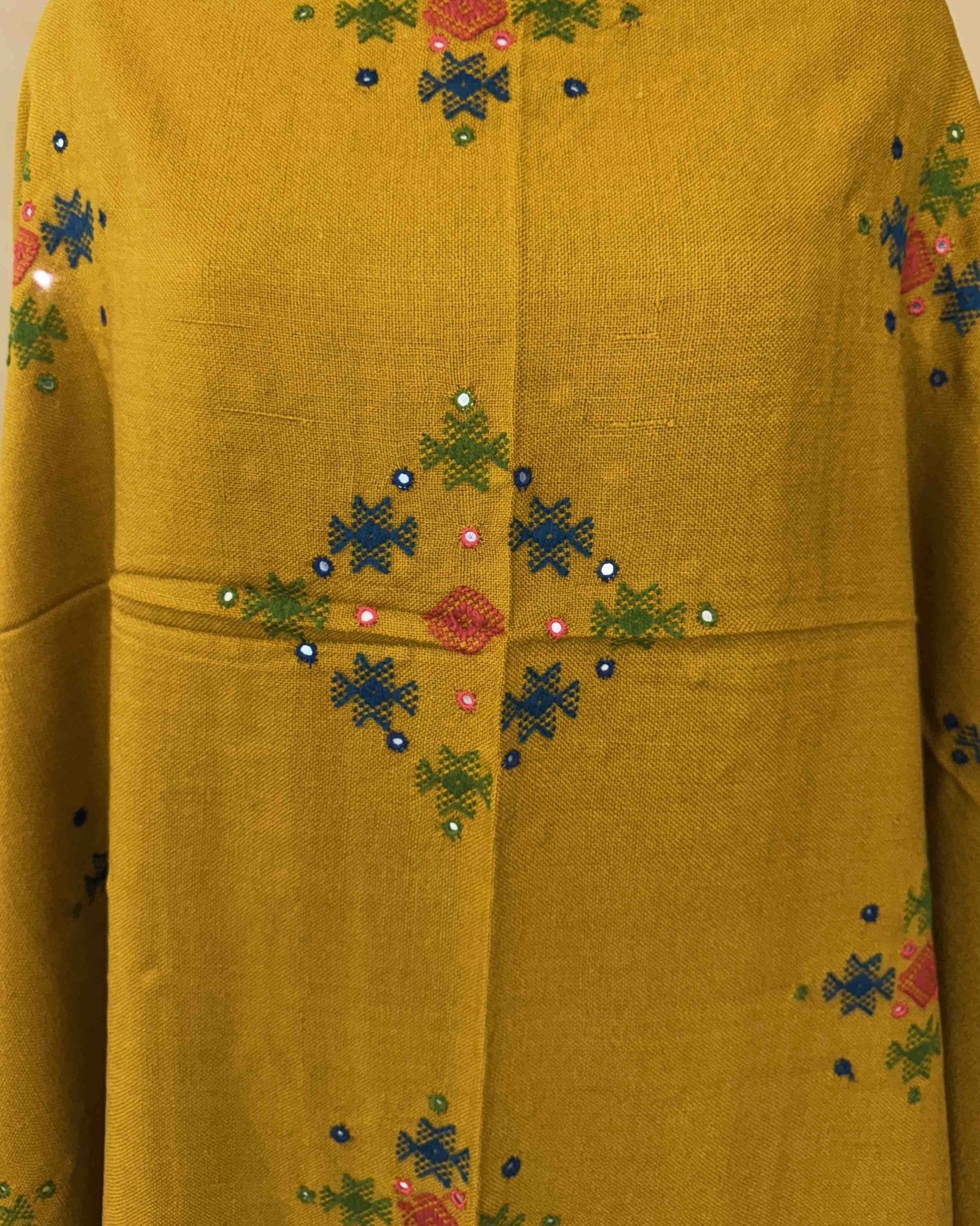 Mustard Yellow Chomukh Mirror Kutchi Woolen Shawl - SindhoiPatolaArt