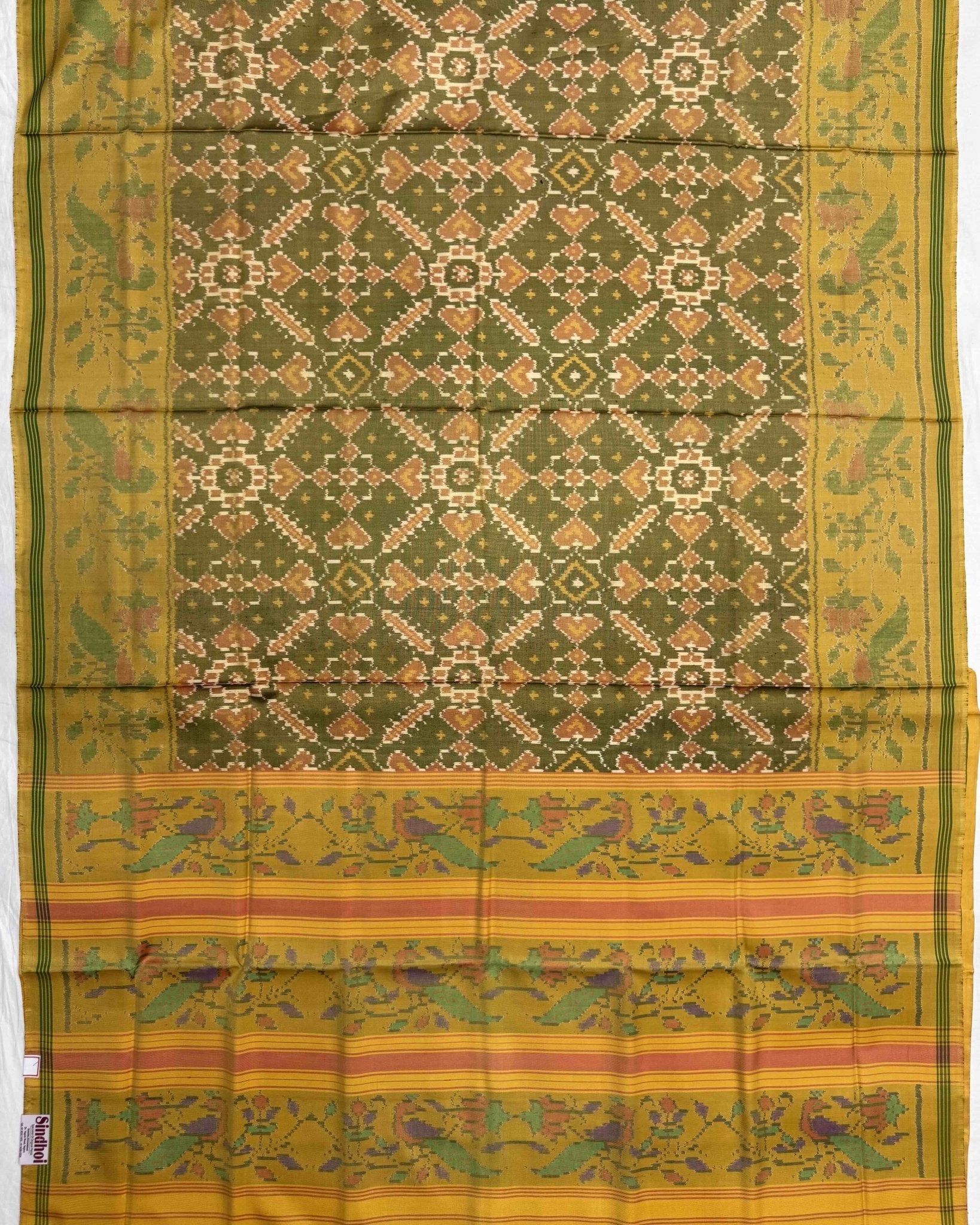 Mustard Yellow Mendi Green Manekchowk Semi Double Ikat Patola Saree - SindhoiPatolaArt
