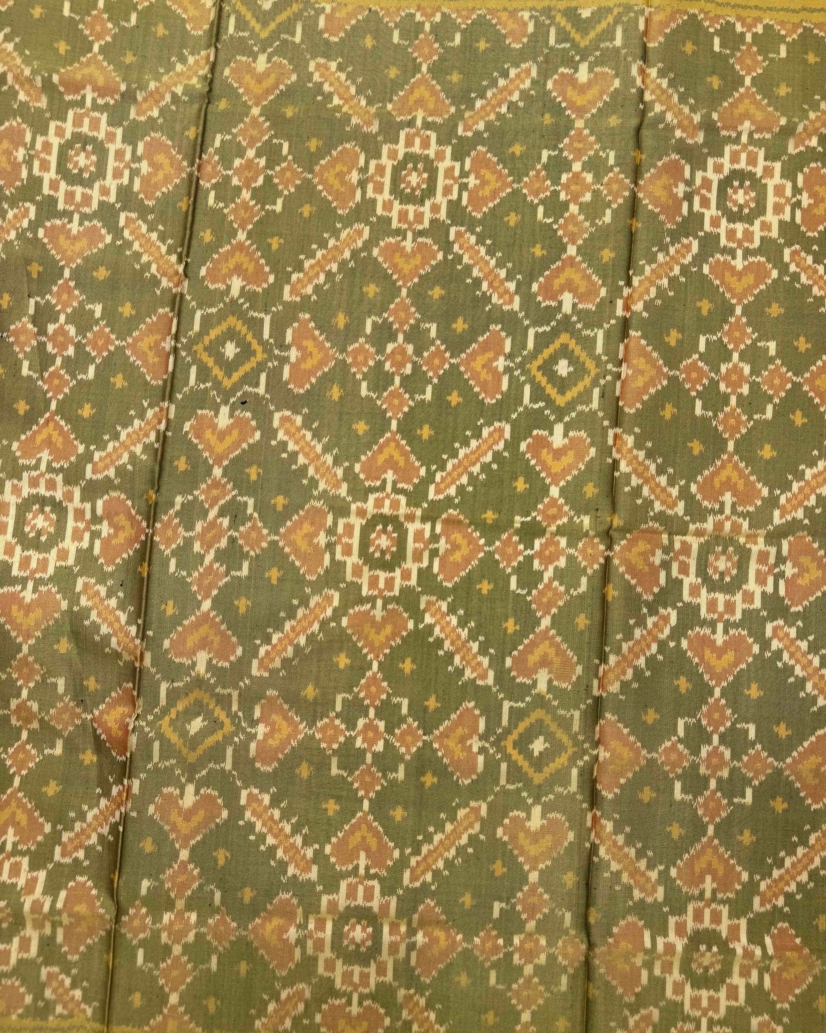 Mustard Yellow Mendi Green Manekchowk Semi Double Ikat Patola Saree - SindhoiPatolaArt