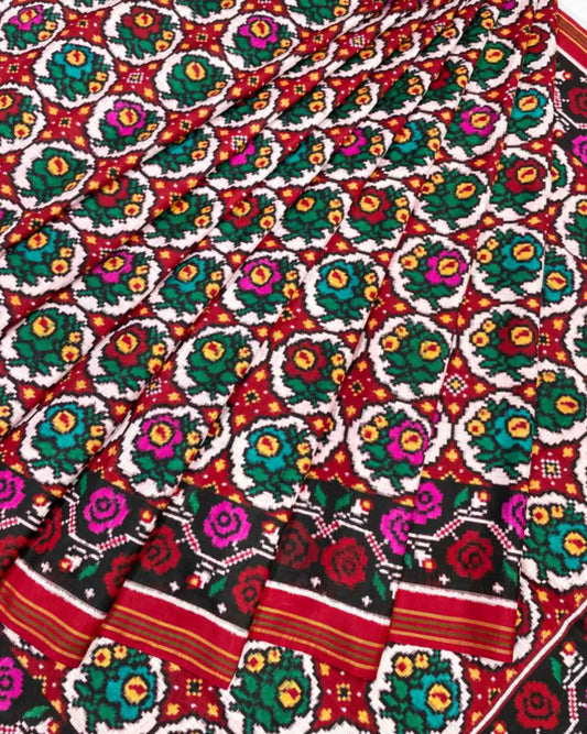 Navrangi Roses Double Ikat Patola Saree - SindhoiPatolaArt