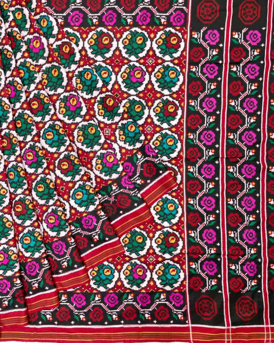 Navrangi Roses Double Ikat Patola Saree - SindhoiPatolaArt