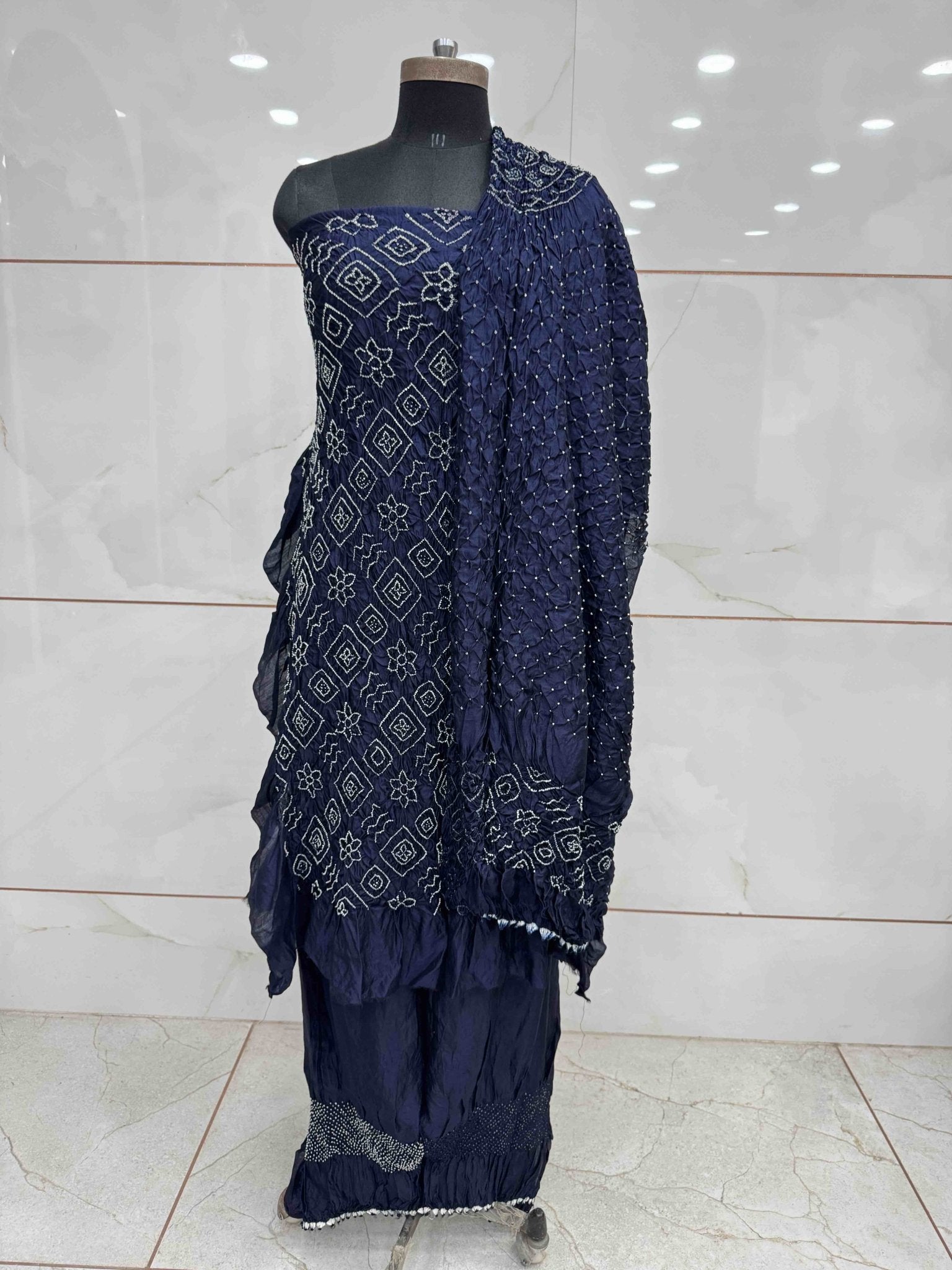 Navy Blue Chiniya Silk Bandhani Dress Material - SindhoiPatolaArt