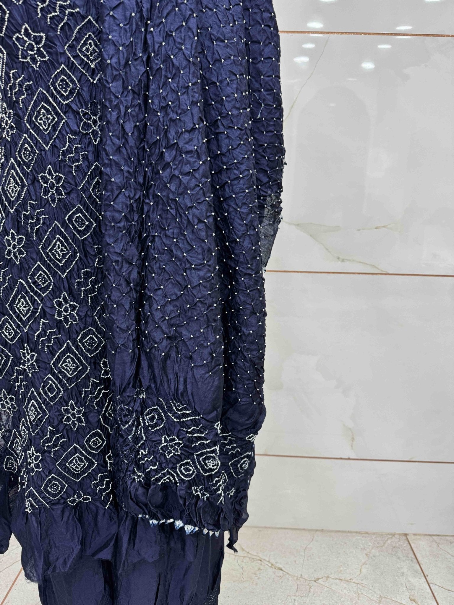 Navy Blue Chiniya Silk Bandhani Dress Material - SindhoiPatolaArt