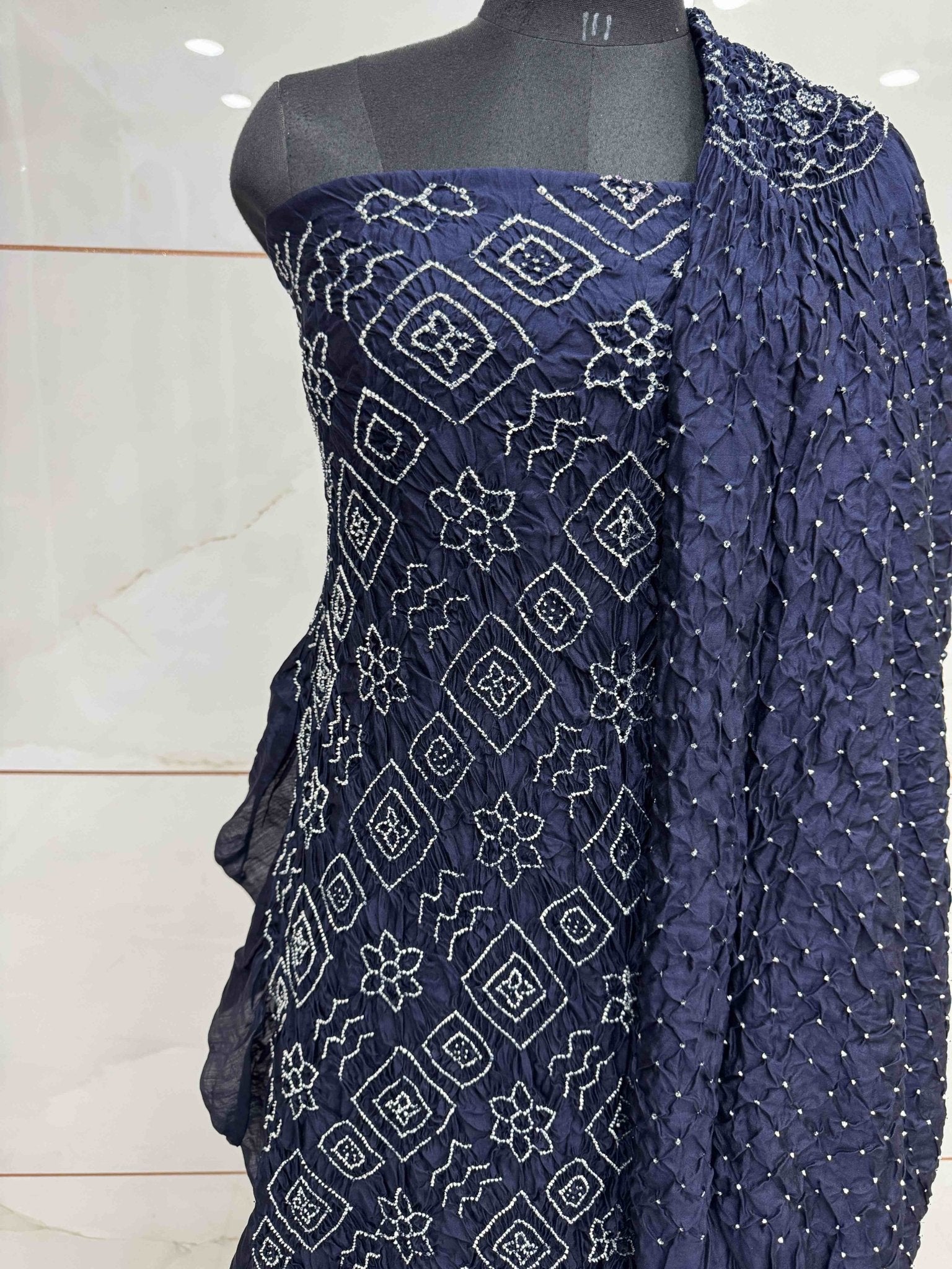 Navy Blue Chiniya Silk Bandhani Dress Material - SindhoiPatolaArt