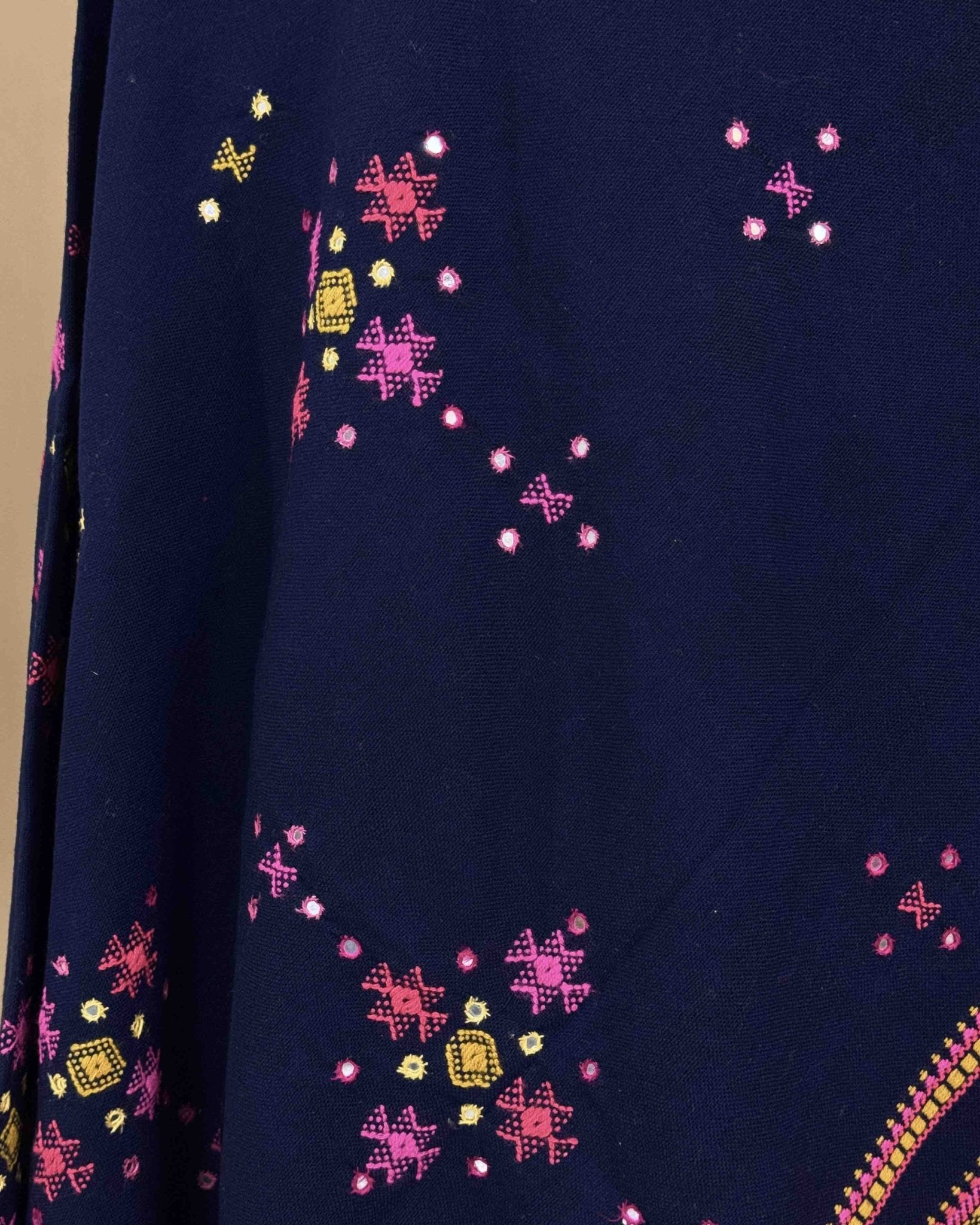 Navy Blue Chomukh Mirror Kutchi Woolen Shawl - SindhoiPatolaArt