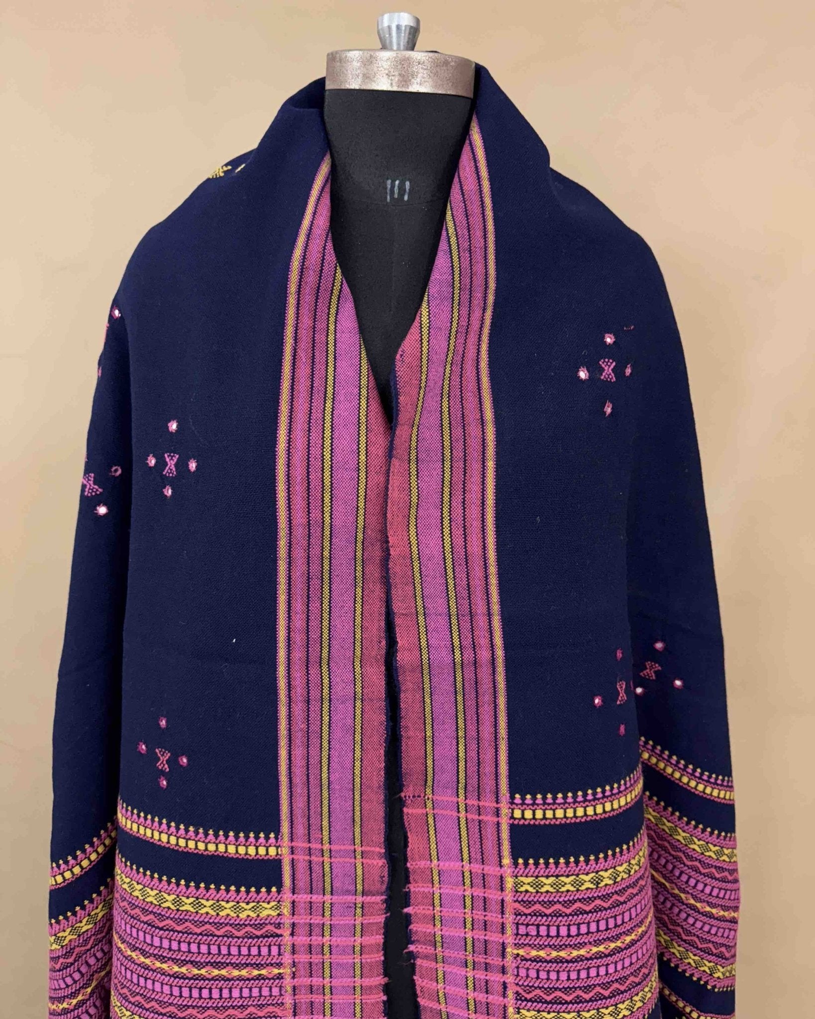 Navy Blue Chomukh Mirror Kutchi Woolen Shawl - SindhoiPatolaArt