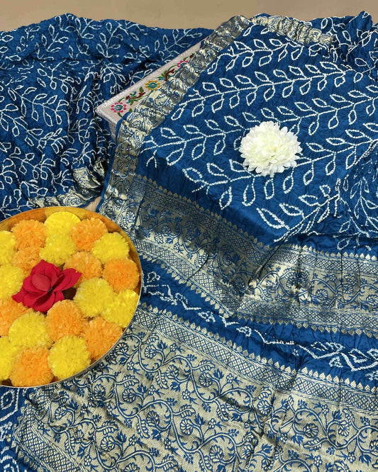 Navy Blue Gajji Silk Bandhani Saree - SindhoiPatolaArt