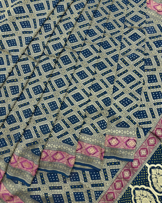 Navy Blue Georgette Bandhani Saree - SindhoiPatolaArt