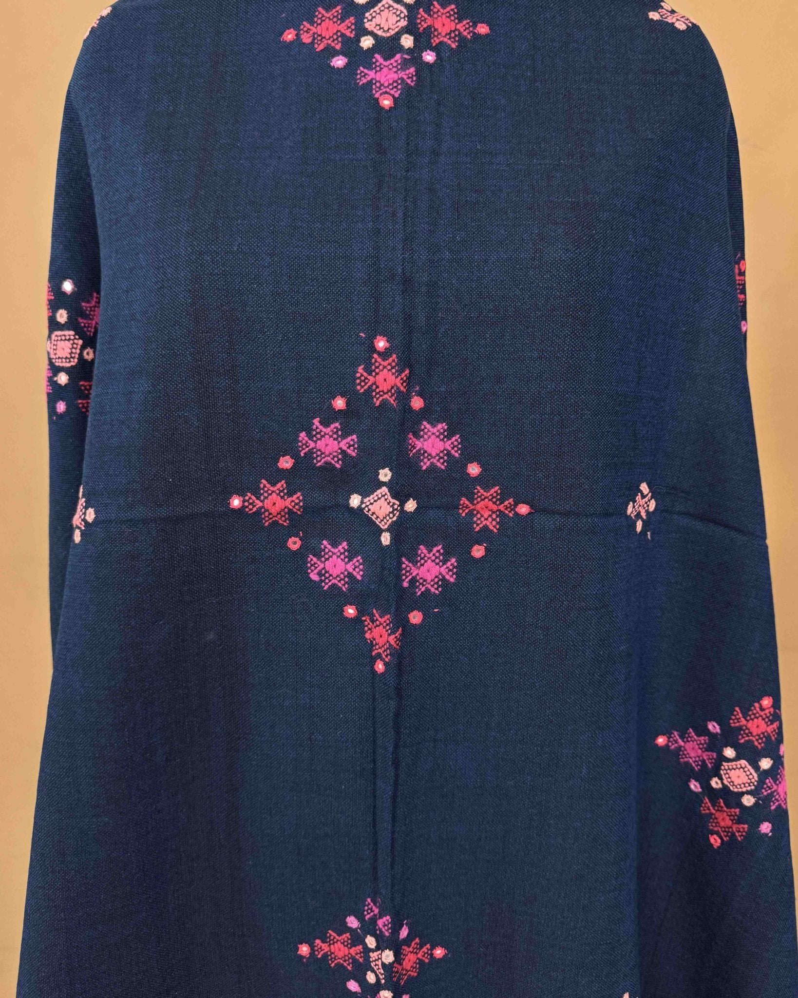 Navy Blue & Pink Chomukh Mirror Kutchi Woolen Shawl - SindhoiPatolaArt
