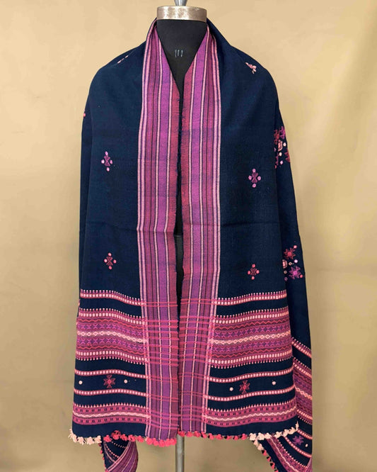 Navy Blue & Pink Chomukh Mirror Kutchi Woolen Shawl - SindhoiPatolaArt