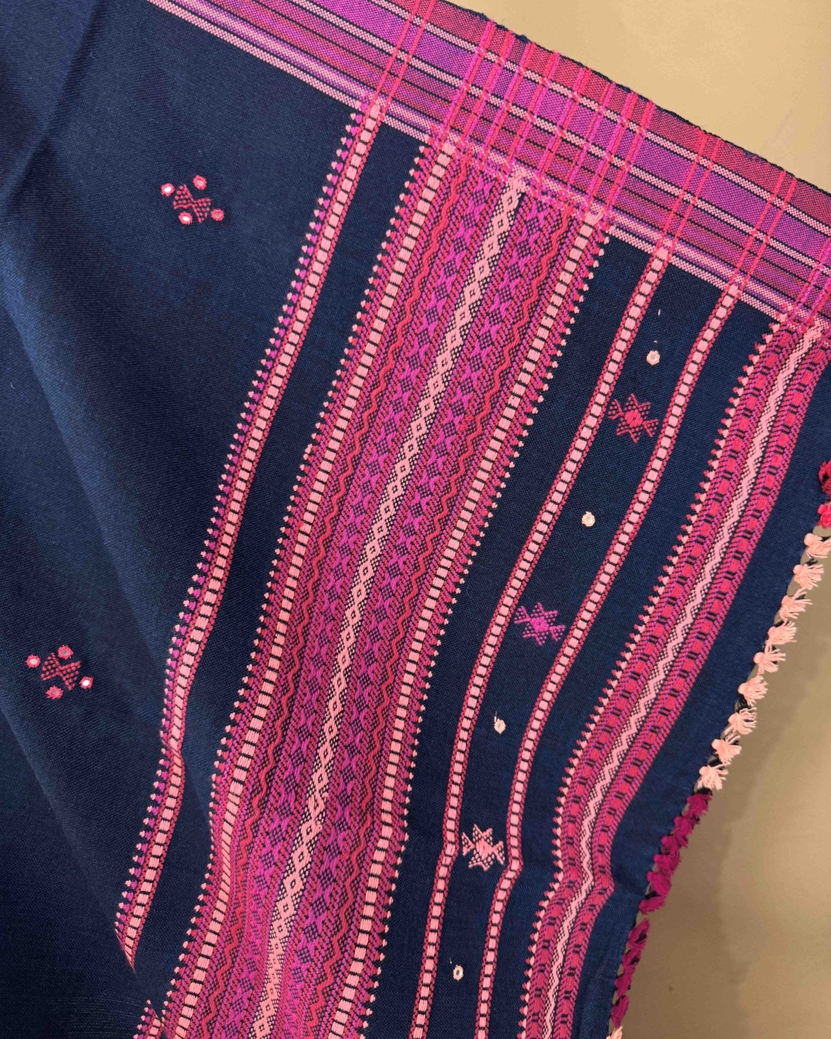 Navy Blue & Pink Chomukh Mirror Kutchi Woolen Shawl - SindhoiPatolaArt