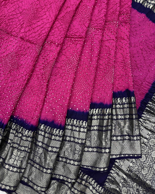 Navy Blue & Pink Kanjivaram Bandhani Saree - SindhoiPatolaArt