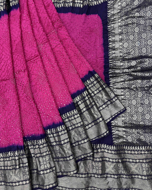 Navy Blue & Pink Kanjivaram Bandhani Saree - SindhoiPatolaArt