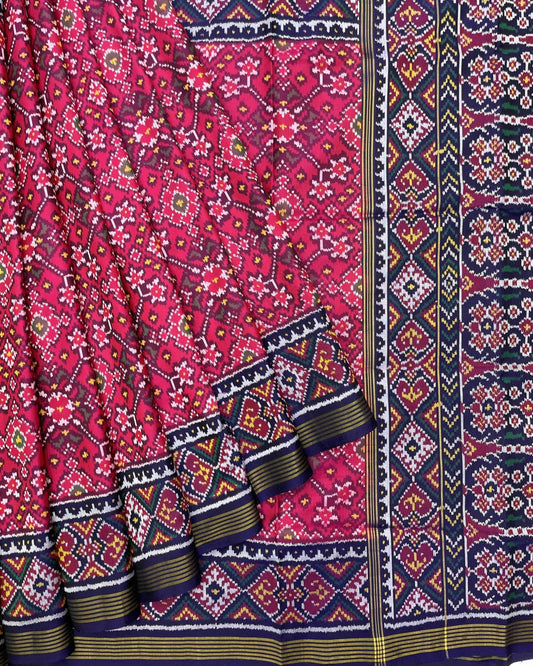 Navy Blue & Pink Navratan Patola Saree - SindhoiPatolaArt